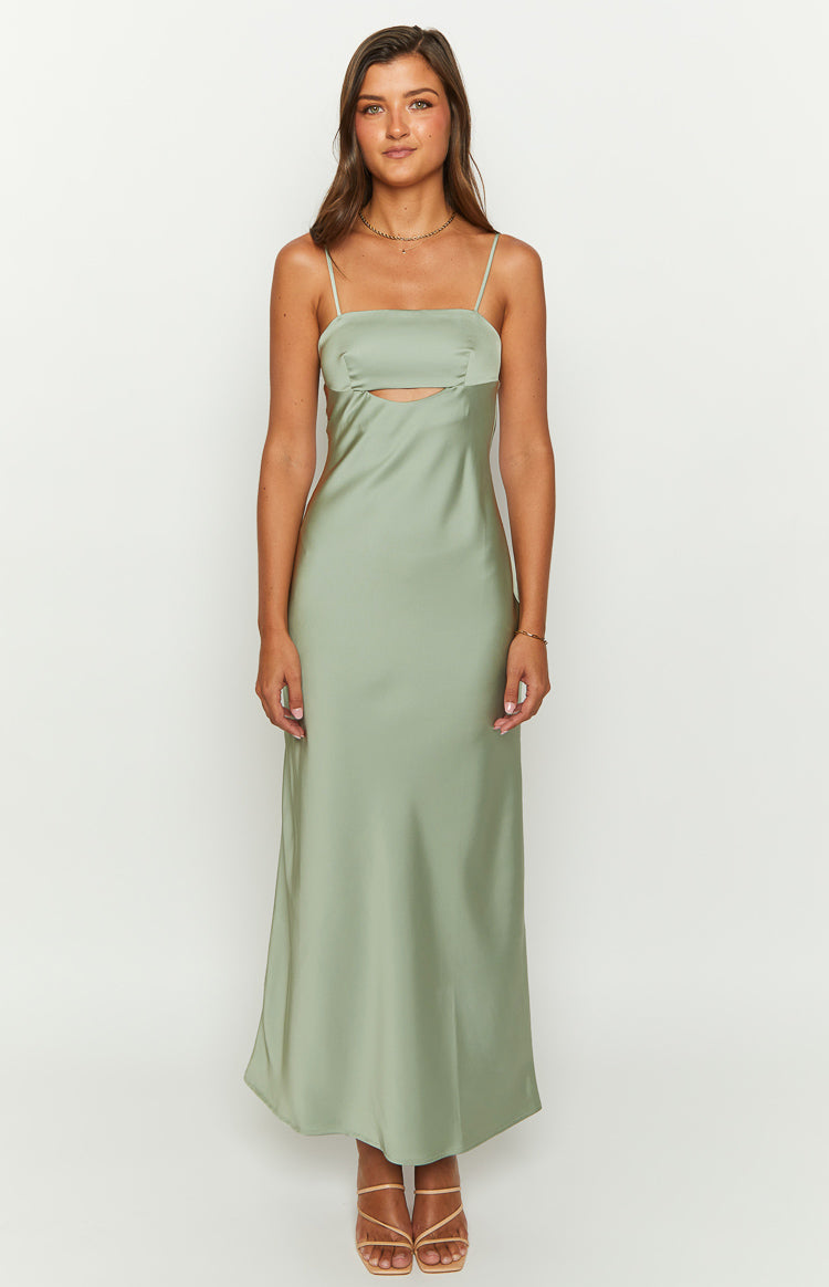 Sage green satin maxi dress with a straight neckline, thin spaghetti straps, and a front cutout below the bust