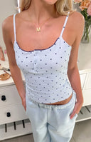 Beginning Boutique Andie Blue Polka Dot Singlet light blue fitted singlet with dark blue polka dots, scoop neck, button front