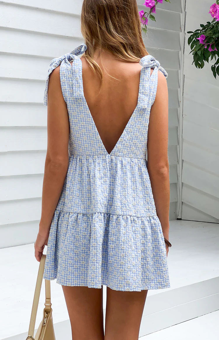 Angel Girl Blue Gingham Floral Mini Dress