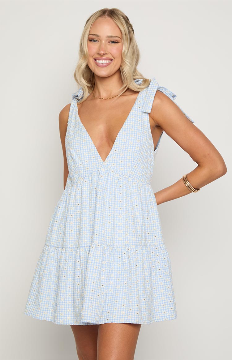 Angel Girl Blue Gingham Floral Mini Dress Image