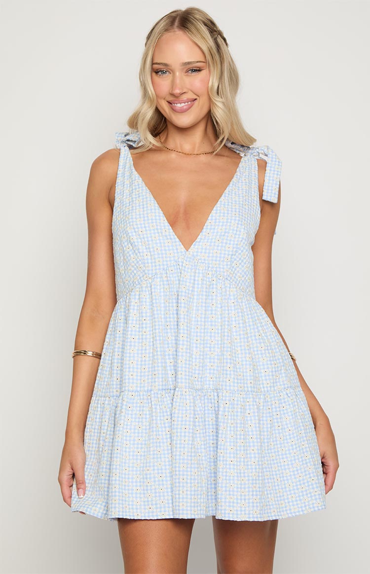 Angel Girl Blue Gingham Floral Mini Dress Image