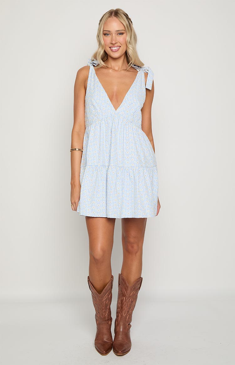 Angel Girl Blue Gingham Floral Mini Dress Image