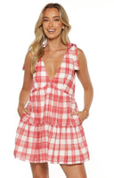 Beginning Boutique Angel Girl Red Plaid Print Mini Dress red and white plaid deep V-neck tie-shoulder tiered mini dress