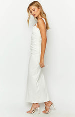 Side view of the white maxi dress with a square neckline and ruched side detail