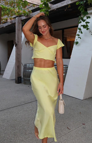 Beginning Boutique Anna Yellow Maxi Skirt yellow satin high-waisted slip maxi skirt