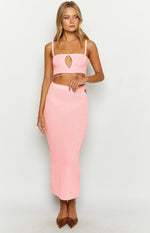 Pink textured knit crop top with square neckline keyhole cutout and wrap-around waist ties