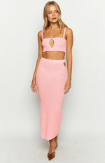 Pink textured knit crop top with a keyhole cutout and criss-cross midriff ties