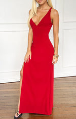 Fitted red sleeveless maxi dress with a deep V-neckline and a high left side slit