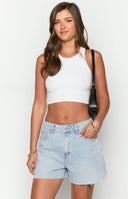 Beginning Boutique Annette Light Wash Denim Shorts light wash acid wash denim shorts with frayed hem and button fly
