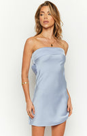 Beginning Boutique Annie Blue Strapless Mini Dress light blue satin strapless mini dress with a fitted silhouette and bandeau neckline