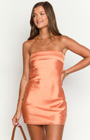 Beginning Boutique Annie Orange Strapless Mini Dress orange satin strapless mini dress with a bandeau bodice