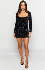 Annika Black Sequin Long Sleeve Mini Dress Image
