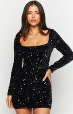 Annika Black Sequin Long Sleeve Mini Dress Image