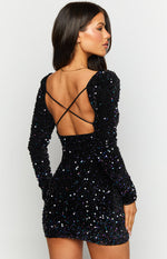 Annika Black Sequin Long Sleeve Mini Dress Image