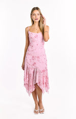 Front view of a pink midi dress with all-over floral sequin and bead embellishments and a handkerchief hem
