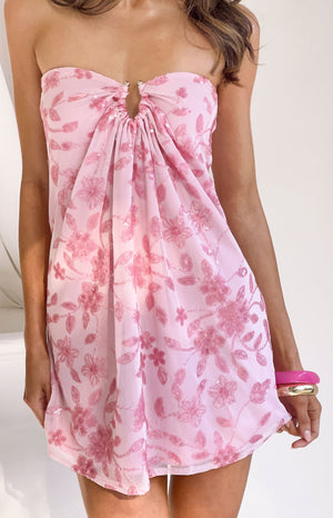 Beginning Boutique Antoine Pink Sequin Strapless Mini Dress pink sequin floral strapless mini dress with silver ring detail