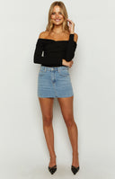 Beginning Boutique Ari Black Off Shoulder Bodysuit black ribbed knit off-shoulder long sleeve bodysuit with draped neckline