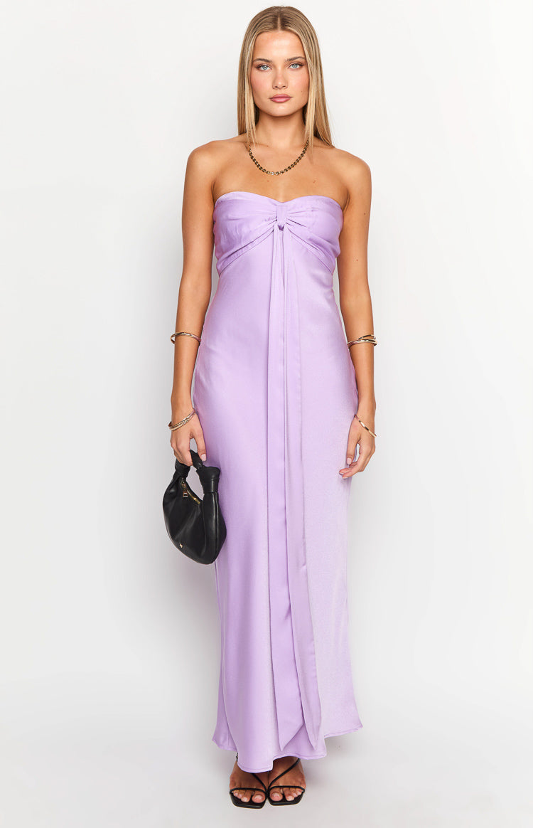 Front view of a lilac satin strapless maxi dress with a twisted knot detail at the bust