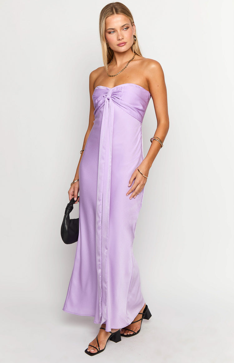 Lilac satin strapless maxi dress with a knotted bust and long vertical panel detail