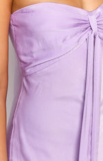 Close-up of the lilac satin strapless bodice with a central knotted detail and draped fabric
