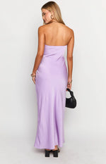 Rear view of a lilac satin strapless maxi dress, showing the straight backline and smooth, flowing silhouette