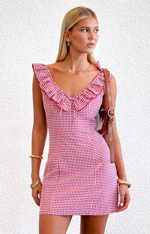 Ariette Red Gingham Frill Mini Dress