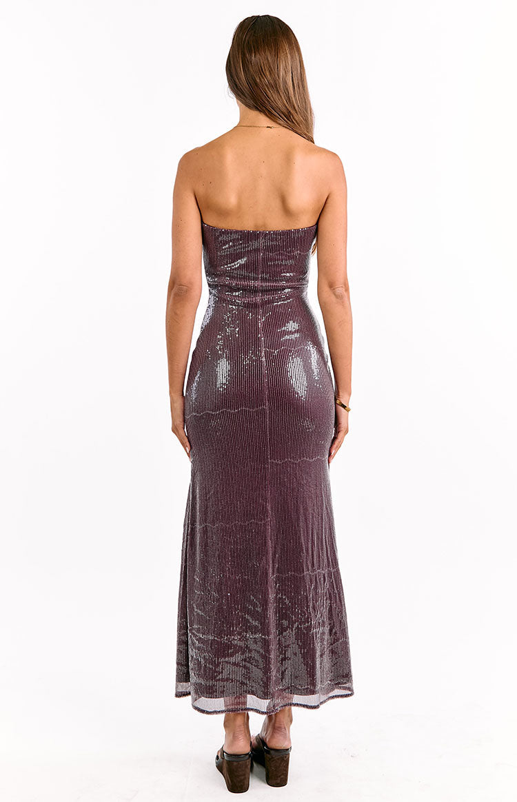 Rear view of a wine sequin maxi dress with a straight-across back and bodycon fit