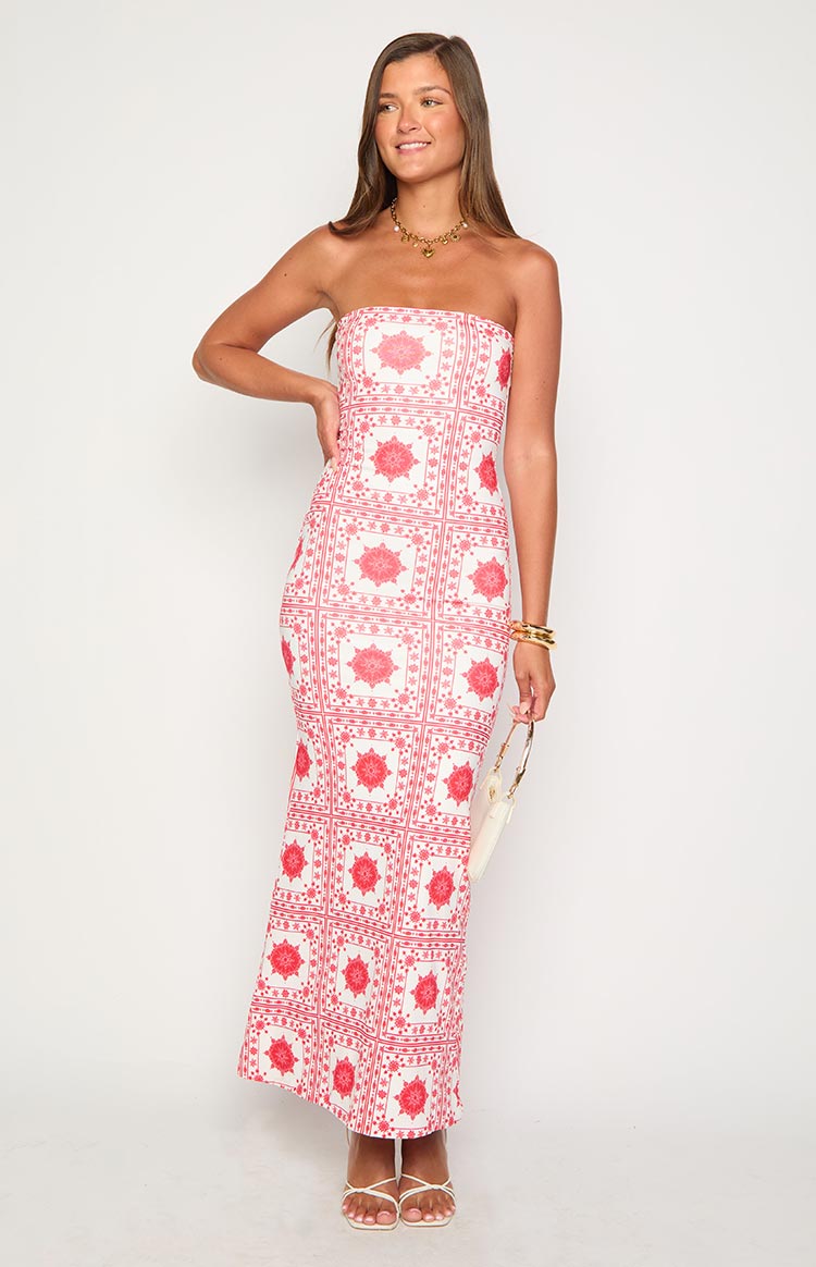 White strapless bodycon maxi dress with a red square tile print