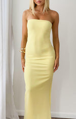 Yellow strapless crepe maxi dress with a smooth bodycon fit