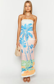 Strapless bodycon maxi dress with a vibrant pink and blue palm tree beach print and 'Ville Crede' text
