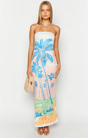 Beginning Boutique Arizona Ville Crede Palm Print Maxi Dress white and peach strapless maxi with blue palm print and 'Ville C