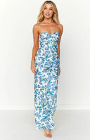 Beginning Boutique Ashley Blue Floral Formal Maxi Dress white blue floral print strapless ruched bust fitted maxi dress