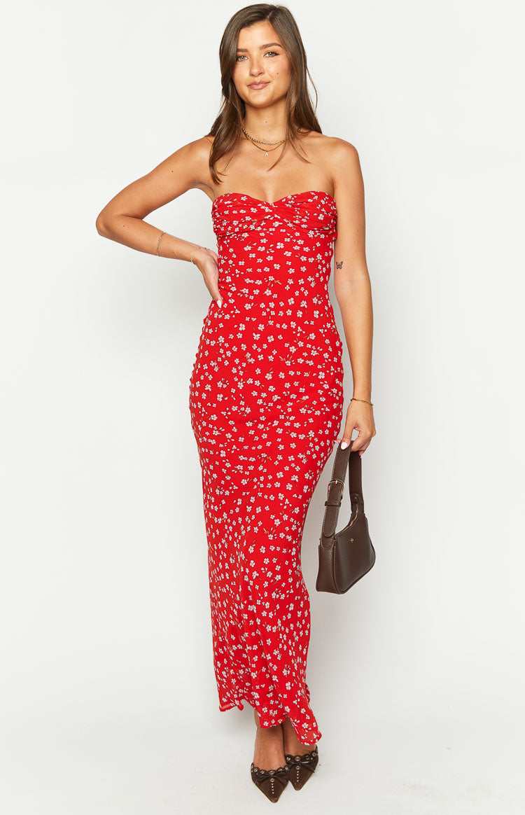 Red floral strapless maxi dress with a ruched sweetheart bodice and a fitted silhouette