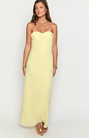Yellow sequin strapless maxi dress with a twisted detail at the bust