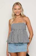 Black gingham halter top with bow detailing and tie up back