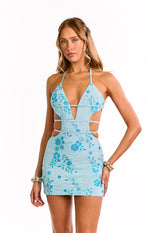 Atana Blue Beaded Halter Party Mini Dress Image