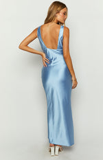 Rear view of the blue satin maxi dress showing the deep scoop back and wide shoulder straps