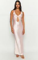 Beginning Boutique Attina Pink Satin Maxi Dress pink satin V-neck sleeveless maxi dress with a bow detail and cutout at the bust