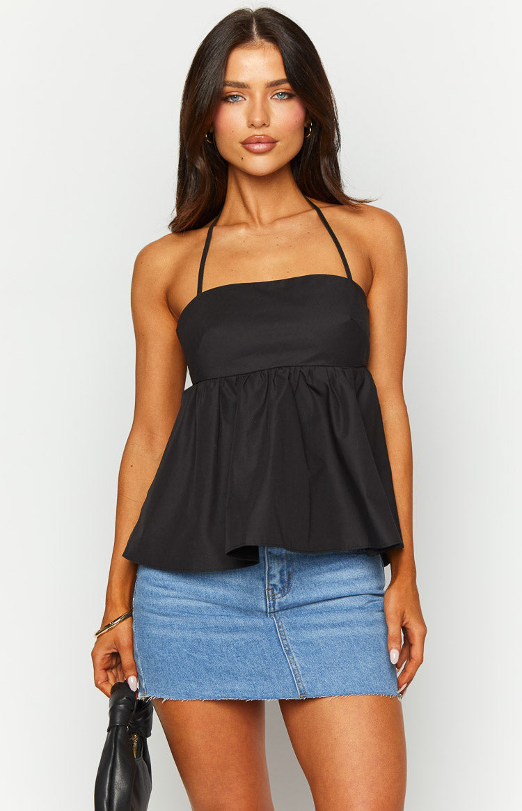 Front view of a black halter top with a gathered peplum waist and straight neckline