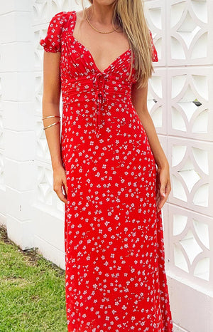 Beginning Boutique Ayla Red Floral Short Sleeve Maxi Dress red floral V-neck ruched tie-front short puff sleeve maxi dress