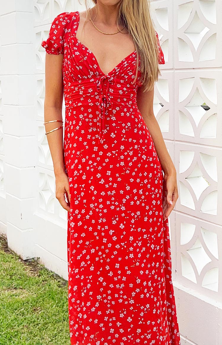Beginning Boutique Ayla Red Floral Short Sleeve Maxi Dress red floral V-neck ruched tie-front short puff sleeve maxi dress