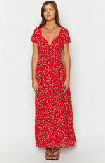 Red floral maxi dress with a tie-front V-neckline and short puff sleeves