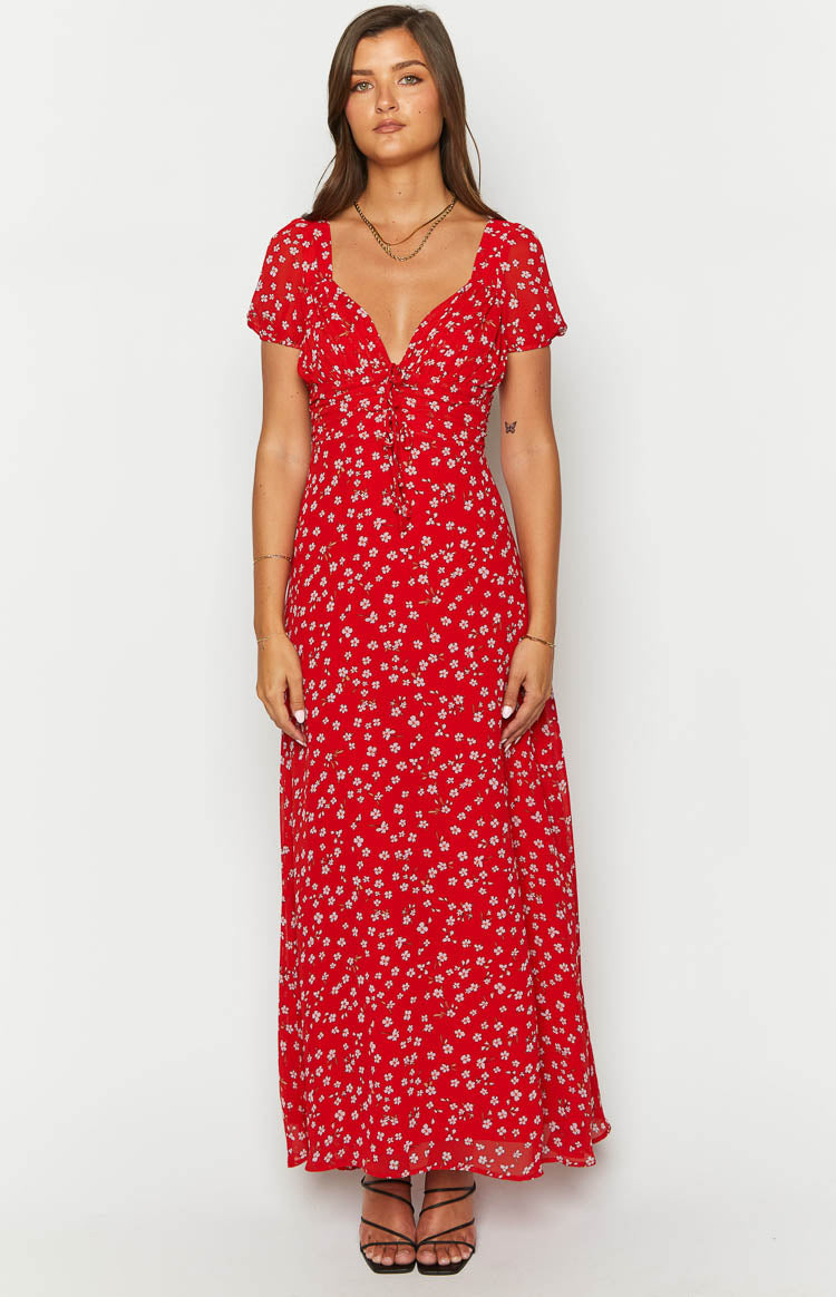 Red floral maxi dress with a tie-front V-neckline and short puff sleeves