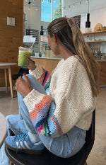 Beginning Boutique Bad Habits Cream Multi Knit Cardigan cream chunky knit cardigan with colourful striped long sleeves