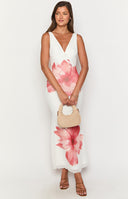 Beginning Boutique Beck White Floral Print Maxi Dress white maxi dress with pink floral print V-neck ruched bodice and bodyco