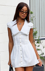 Beginning Boutique Ballerini White Collared Mini Dress white collared mini dress with lace Peter Pan collar puff sleeves butt