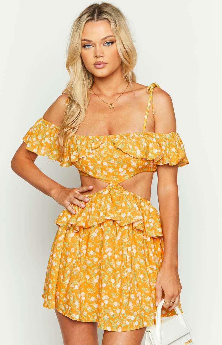 Beginning Boutique Alyssa Orange Floral Ruffle Mini Dress orange floral off-shoulder mini dress with waist cutouts and tiered ruffle skirt