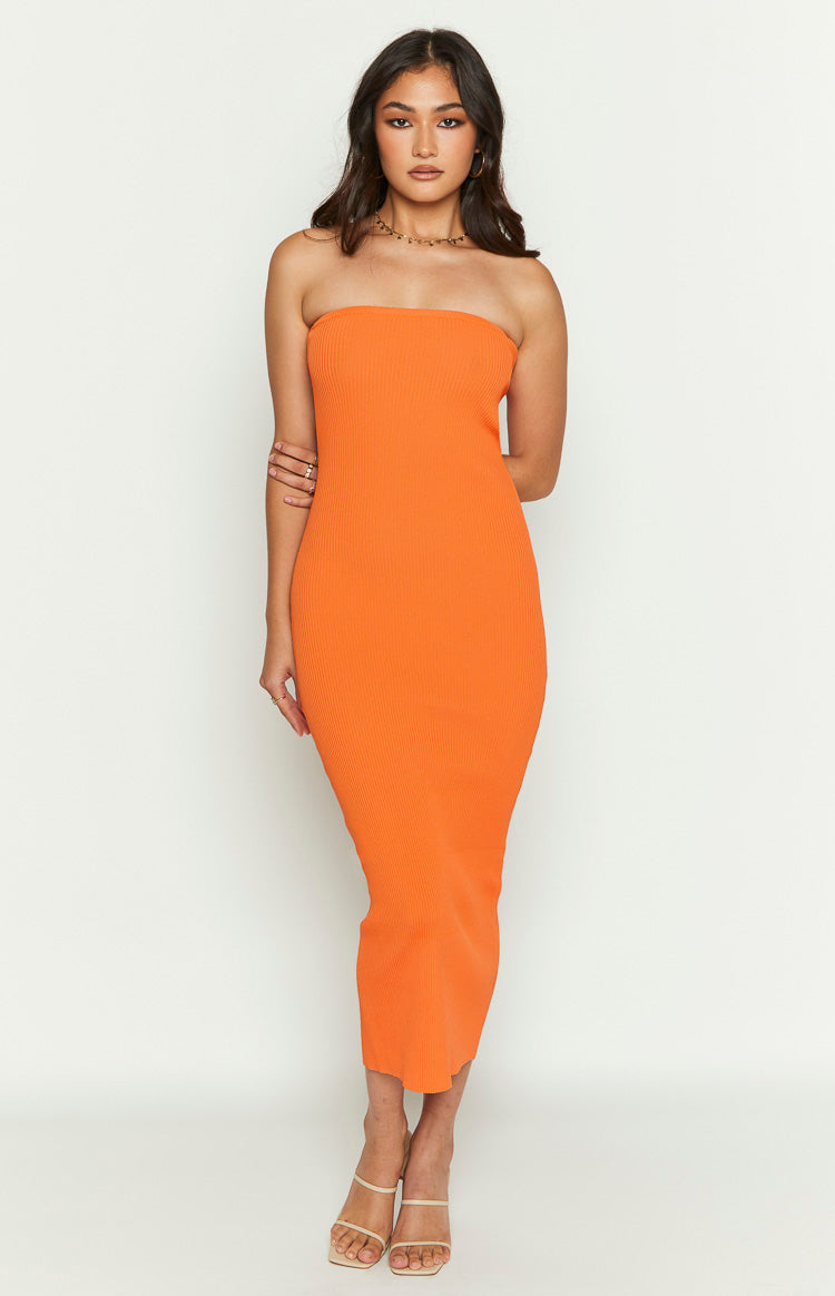 Rebecca Orange Strapless Knit Midi Dress Image