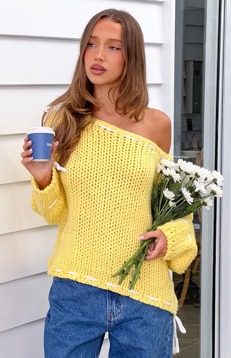 Beginning Boutique Bea Yellow Sweater yellow chunky knit off-shoulder sweater with long sleeves and white tie details