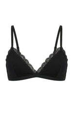 Front view of a black jersey bralette featuring triangle cups and delicate lace trim